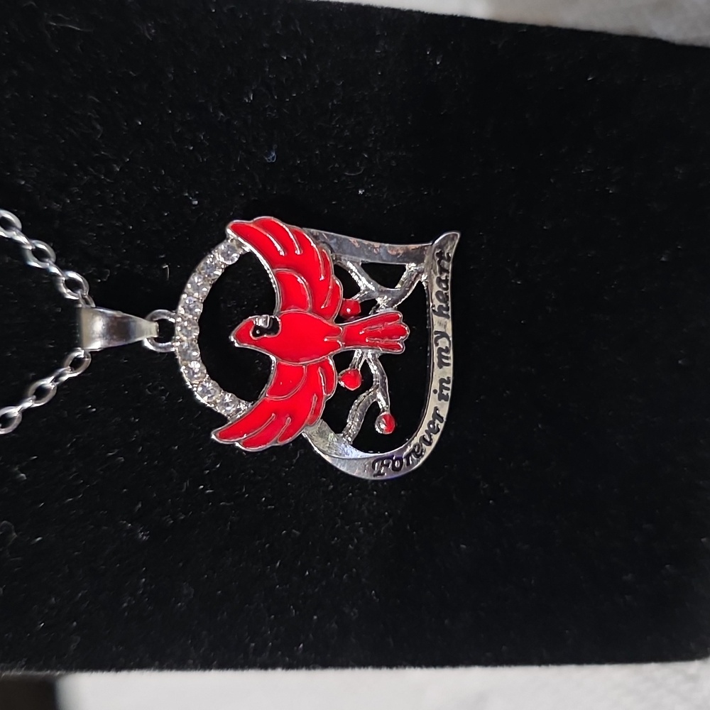 Silver Tone Heart Pendant Necklace with Red Bird